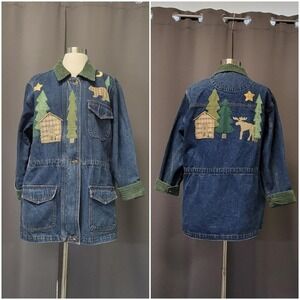 Vintage 90s y2k Christopher & Banks Denim Chore Jacket Cabin Patchwork Applique